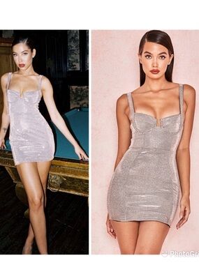 House of CB Metallic Silver Shimmer Mini Dress size L new